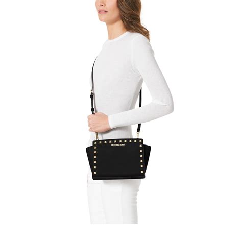 michael michael kors selma medium studded leather messenger black|Amazon.com: Michael Michael Kors Selma Medium Studded .